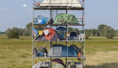 willem de haan stacks 12 camping tents into an eleven-metre tower