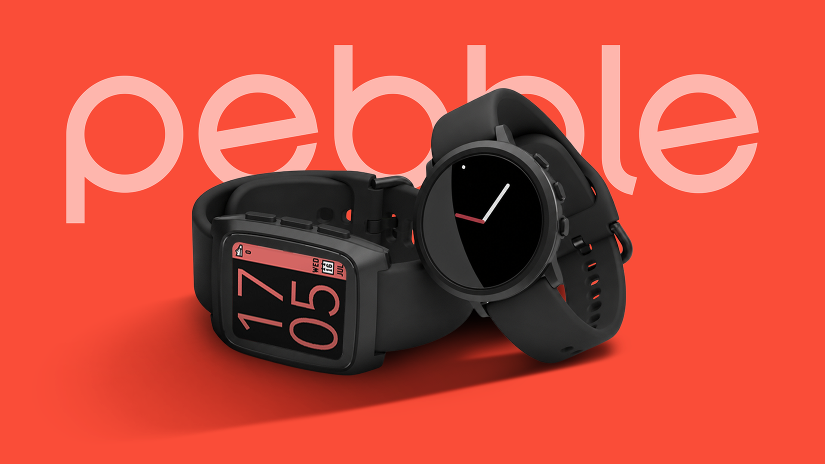 Two Pebble smartwatches, displayed on a red background with the Pebble logo behind them.