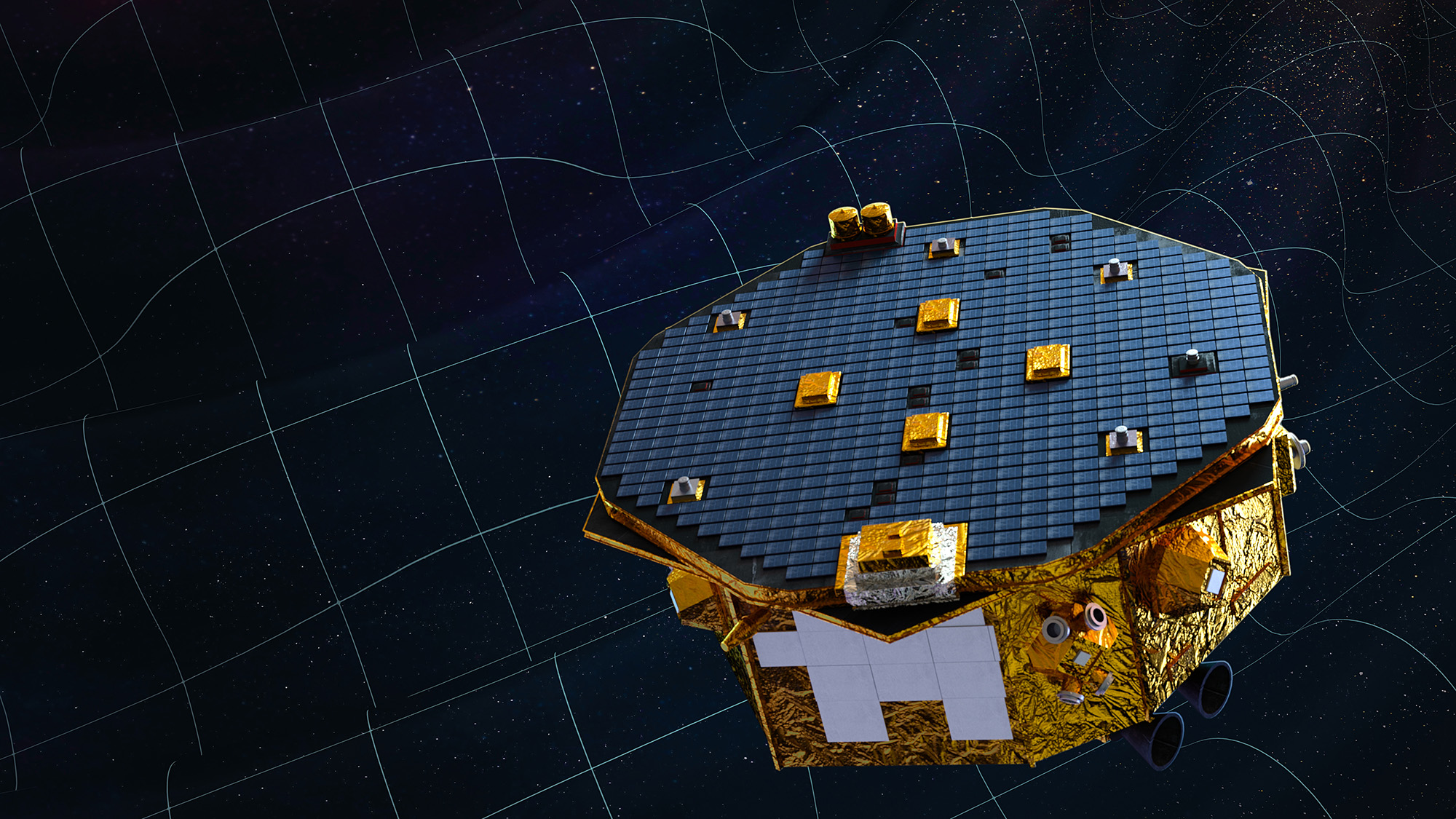 An illustration of a gold space probe with a flat top full of solar panels in front of wavy grid marks