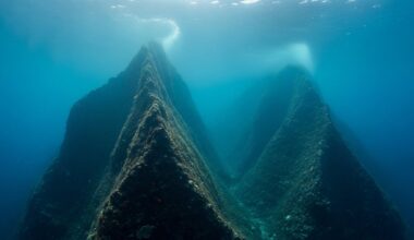 underwater mountains rising from the Drake Passage ocean floor in deep blue light