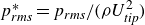 p Subscript r m s Superscript asterisk Baseline equals p Subscript r m s Baseline divided by left parenthesis rho upper U Subscript t i p Superscript 2 Baseline right parenthesis