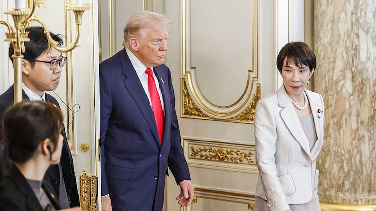 US President Donald Trump, left, and Sanae Takaichi, Japan's prime minister, arrive at a bilateral meeting at the Akasaka Palace state guest house in Tokyo, Japan.