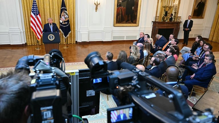 US President Donald Trump speaks in the East Room of the White House in Washington. (Source: Saul Loeb/Pool via AP