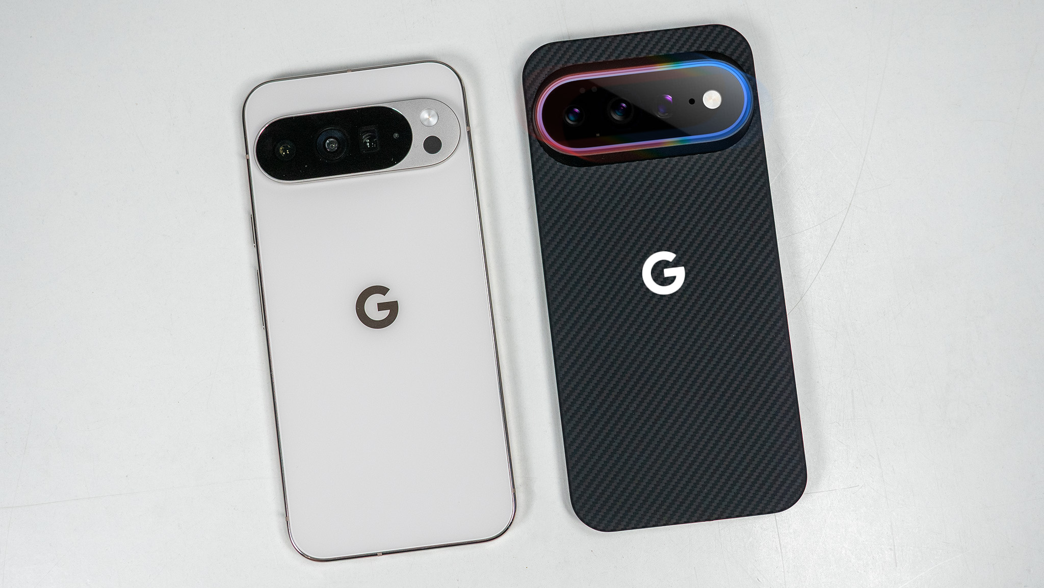 A white Google Pixel 10 Pro XL next to a mockup of a Google Pixel 11 Pro XL with a Thinborne case