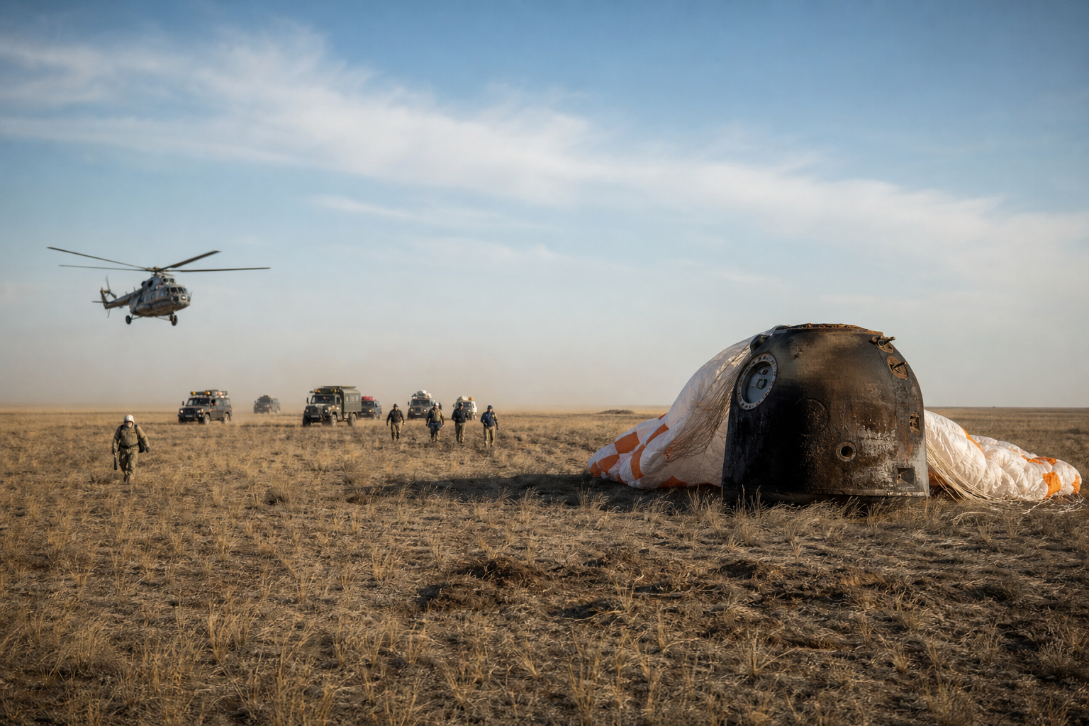 Soyuz MS-28 rests on the Kazakh steppe as recovery teams approach after the NASA-Roscosmos crew landing.