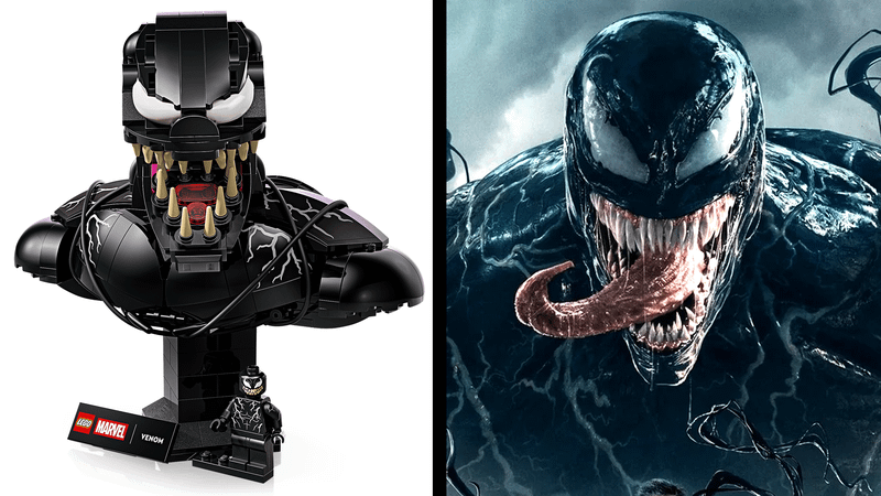 Sony Spider-Man Universe Venom LEGO bust set compared with Venom from 2018 film.