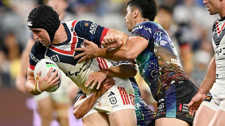 Victor Radley of the Roosters is tackled during the round 22 NRL match between North Queensland Cowboys and Sydney Roosters at Qld Country Bank Stadium, on July 30, 2026, in Townsville, Australia.