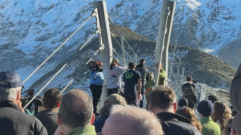 Visitors test out the new Hooker Valley Bridge.