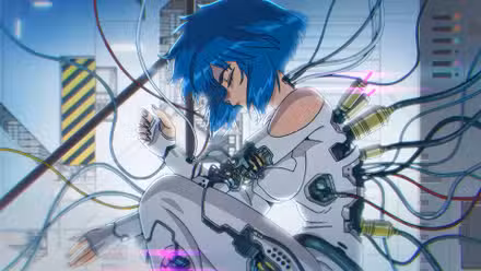 A young woman with cybernetic implants sits with her eyes closed in The Ghost in the Shell