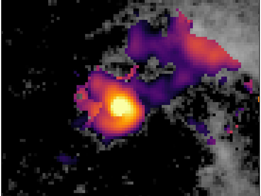 A pixelated image showing a black and white background with a purple structure on it. The purple structure has yellowish colors within.