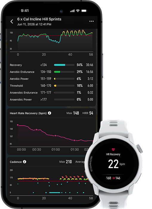 COROS heart rate recovery data shown in interval lap summary table