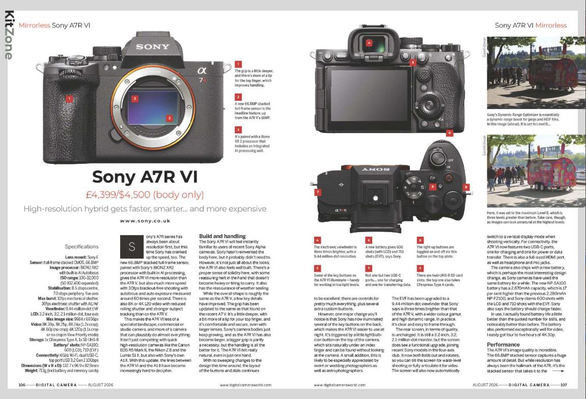 Image showing the first two pages of the Sony A7R VI camera review, in issue 310 (August 2026) of Digital Camera magazine