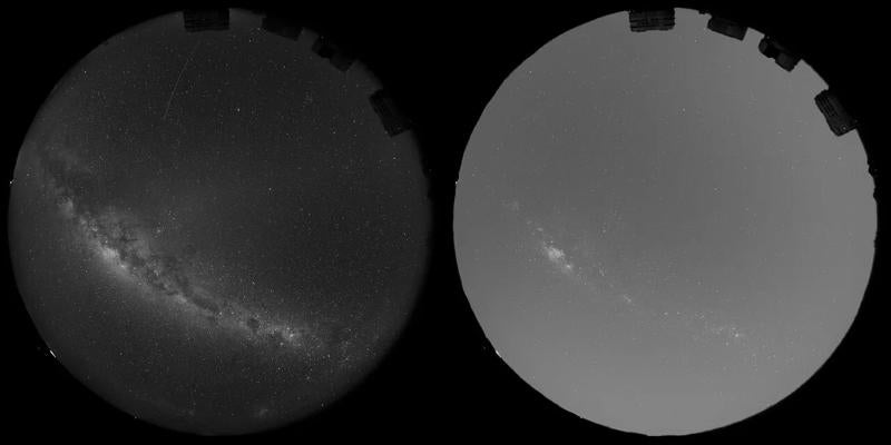 Two views of the same patch of night sky; an image on the left shows a dark sky, while an image on the right shows a brighter sky that could result from light pollution by tens of thousands of satellites.