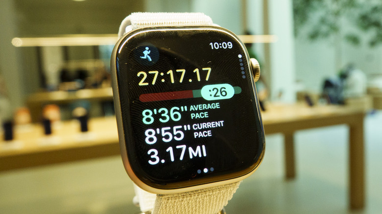 An Apple Watch in a store simulating a running activity