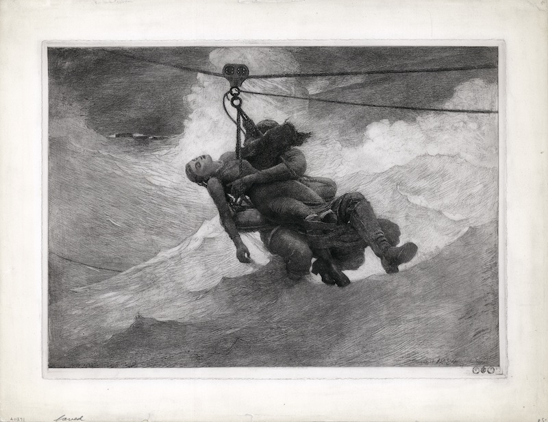 Winslow Homer (United States, 1836–1910), The Life Line [copyright proof], 1884|1887, etching, sulfur tint, and drypoint with scraping, burnishing, and selective wiping in black ink on cream, very thick, moderately textured machine-made wove paper; plate paper, image: 12 5/16 x 17 5/16 inches, sheet: 16 1/4 x 21 1/8 inches Portland Museum of Art, Maine. Museum purchase with support from Elizabeth and Robert Nanovic, 2021.1. Image courtesy The Old Print Shop