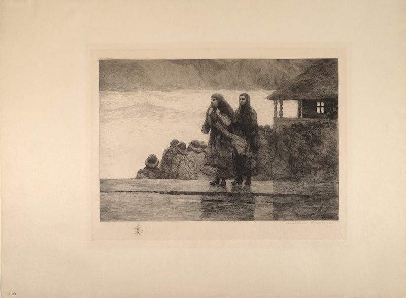 Winslow Homer (United States, 1836–1910), Perils of the Sea, 1888, etching and drypoint with scraping, stopping out, burnishing, and selective wiping in black ink on beige, moderately thick, slightly textured traditional Japanese handmade wove paper; Japanese Vellum, image: 13 11/16 x 20 1/4 inches, sheet: 25 3/8 x 34 1/2 inches. Portland Museum of Art, Maine. Museum purchase with support from Elizabeth and Robert Nanovic, 2024.39. Image courtesy Petegorsky/Gipe Photo