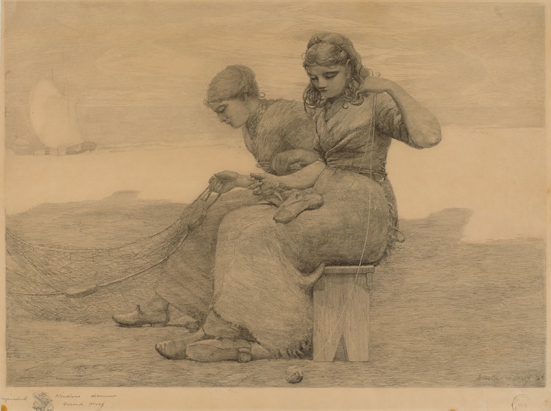 Winslow Homer (United States, 1836–1910), Mending the Tears [unfinished, second proof], 1888, etching and drypoint with scraping, stopping out, burnishing, and selective wiping in black ink on beige, moderately thick, slightly textured traditional Japanese handmade wove paper; Japanese Vellum, image: 15 1/4 x 21 3/8 inches, sheet: 16 1/2 x 22 inches. Bowdoin College Museum of Art, Brunswick, Maine. Gift of the Homer Family, 1964.69.201