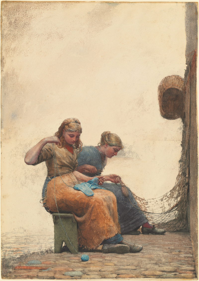 Winslow Homer (United States, 1836–1910), Mending the Nets, 1882, transparent and opaque watercolor over graphite on wove paper, 27 3/8 x 19 1/4 inches. National Gallery of Art. Bequest of Julia B. Engel, 1984.58.3