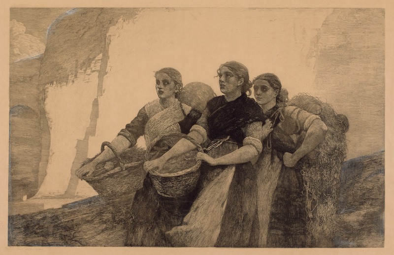 Winslow Homer (United States, 1836–1910), A Voice from the Cliffs, 1888, etching and aquatint heightened with white on paper, 19 1/8 x 30 inches. Bowdoin College Museum of Art, Brunswick, Maine. Gift of Susan L. and Donald M. Zuckert, Class of 1956, in honor of A. LeRoy Greason and Polly Greason as tribute to their 38 years of service to Bowdoin College, 1990.69