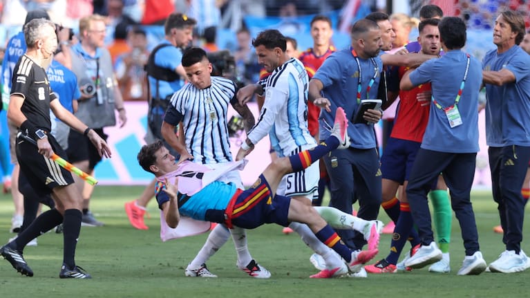 Leandro Paredes of Argentina pushes Gavi of Spain to the ground resulting in a brawl and a red card for Paredes after the FIFA World Cup 2026 Final match between Spain and Argentina at New York New Jersey Stadium on July 19, 2026 in East Rutherford, New Jersey.