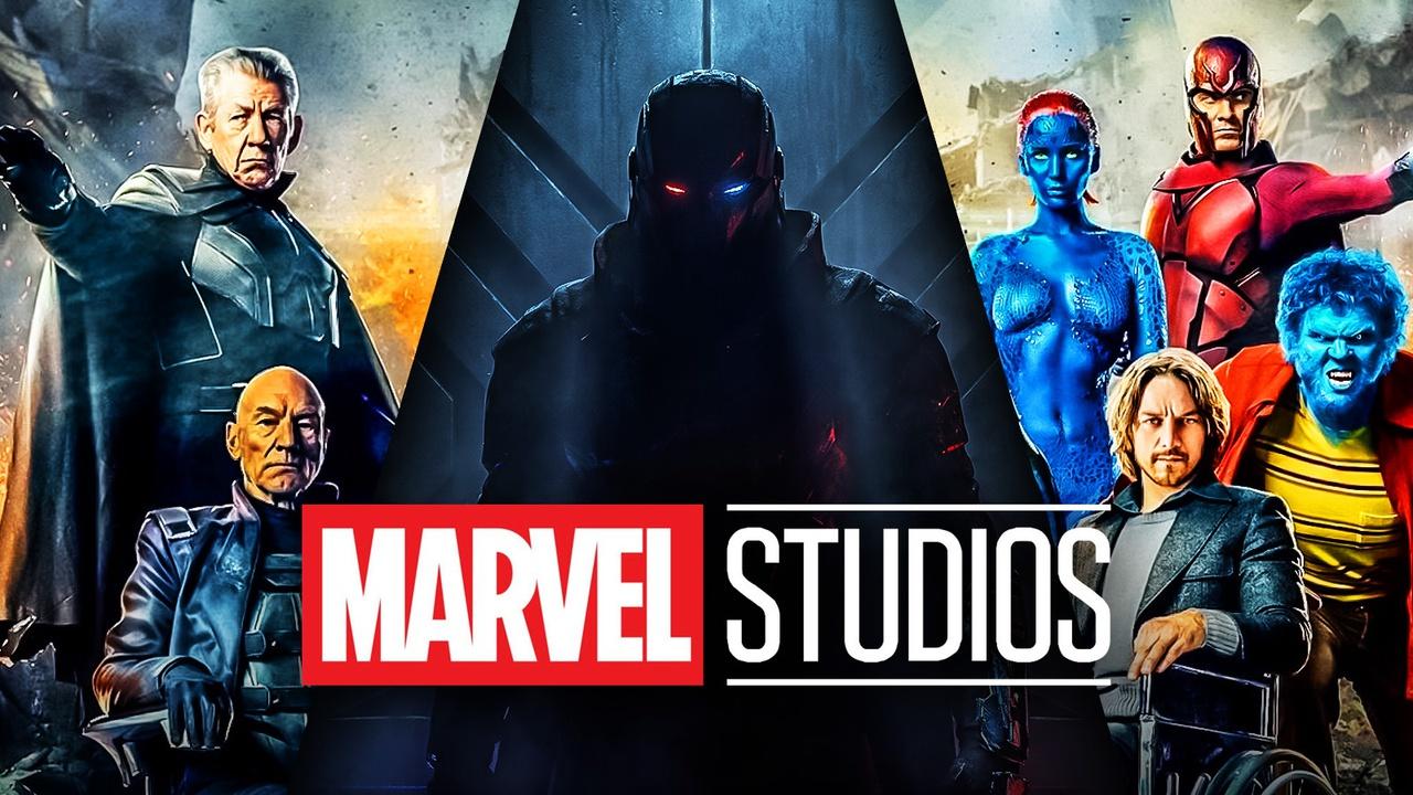 Fox era X-Men characters, Magneto, Professor X and others alongside Marvel Studios' logo.