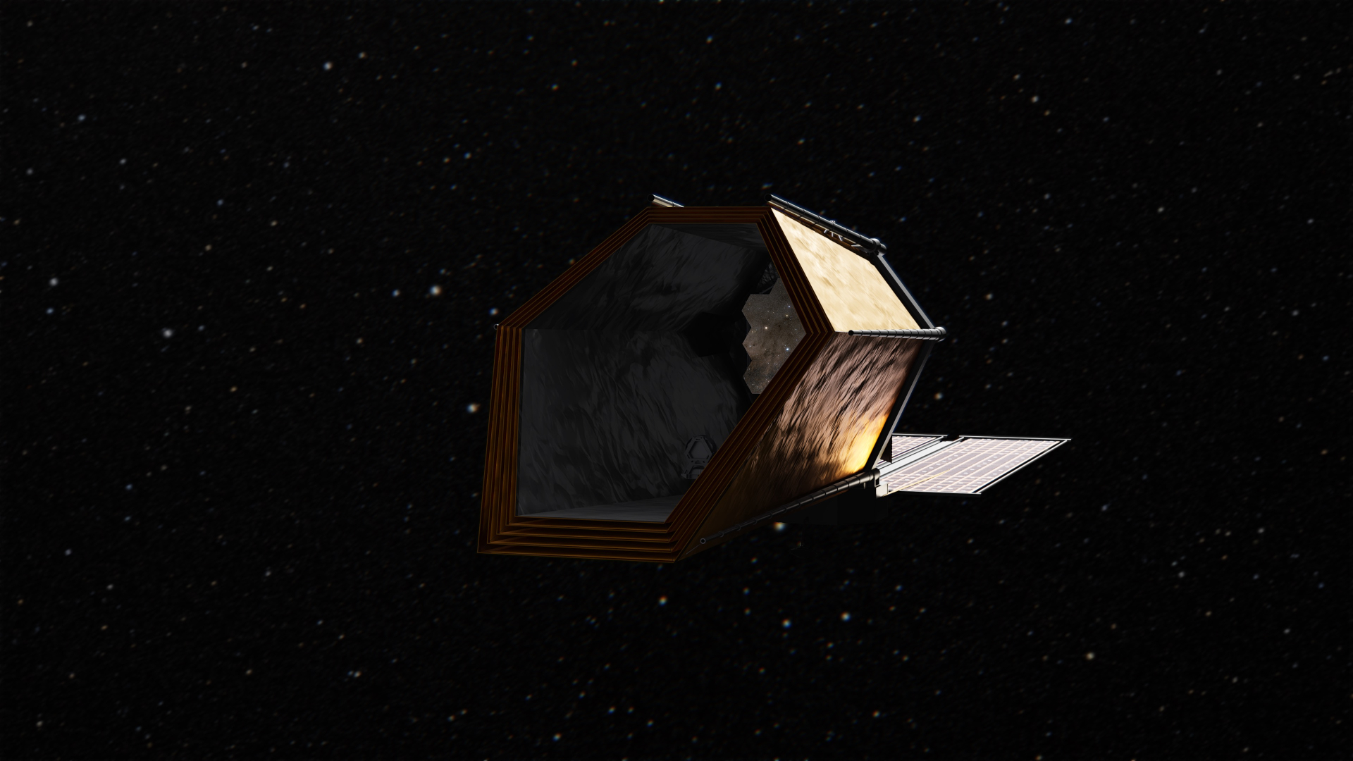 An artist's concept of NASA's Habitable Worlds Observatory in space.