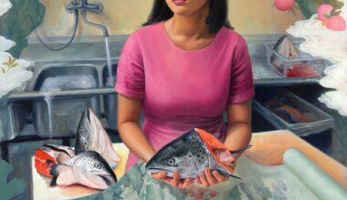 a painting of a young Asian woman seated on a kitchen counter with a roll of paper over her lap and the head of a salmon in her hands