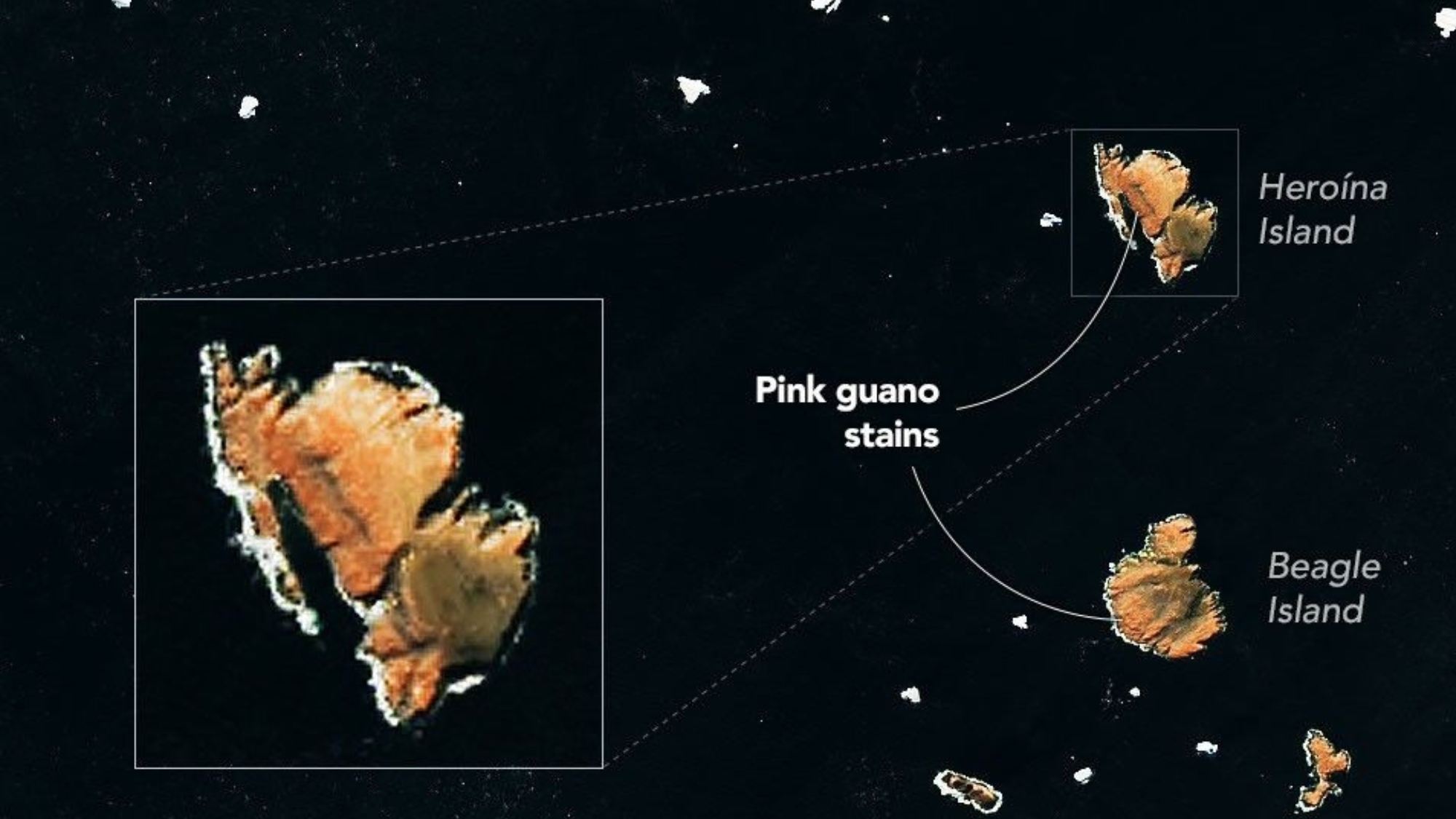 a satellite view of two long islands
