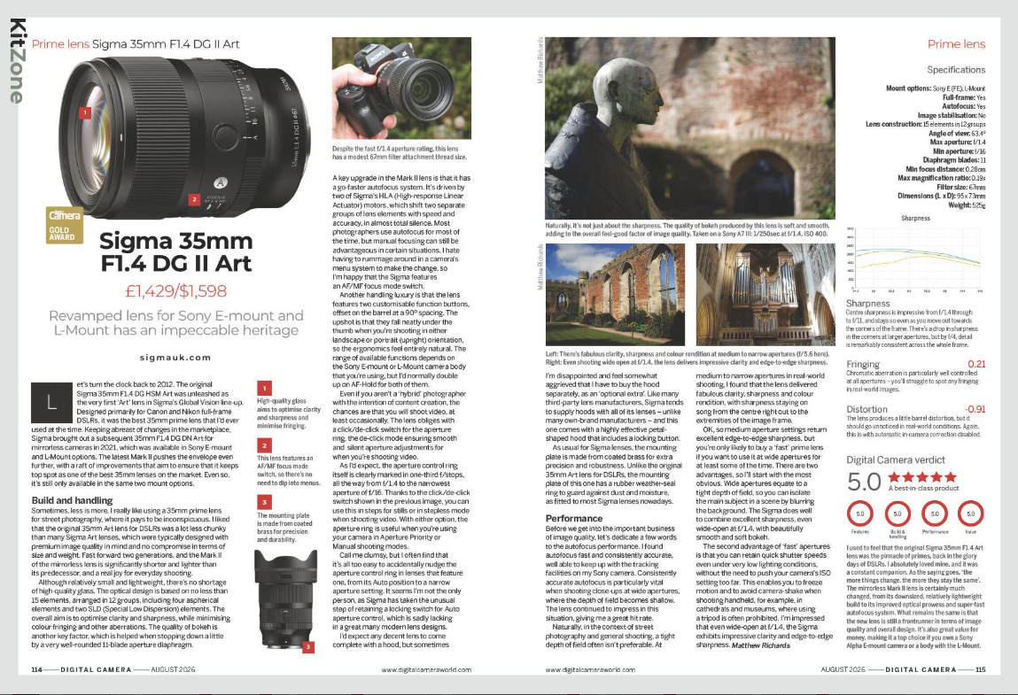 Image showing the two pages of the Sigma 35mm F1.4 DG II Art lens review, in issue 310 (August 2026) of Digital Camera magazine
