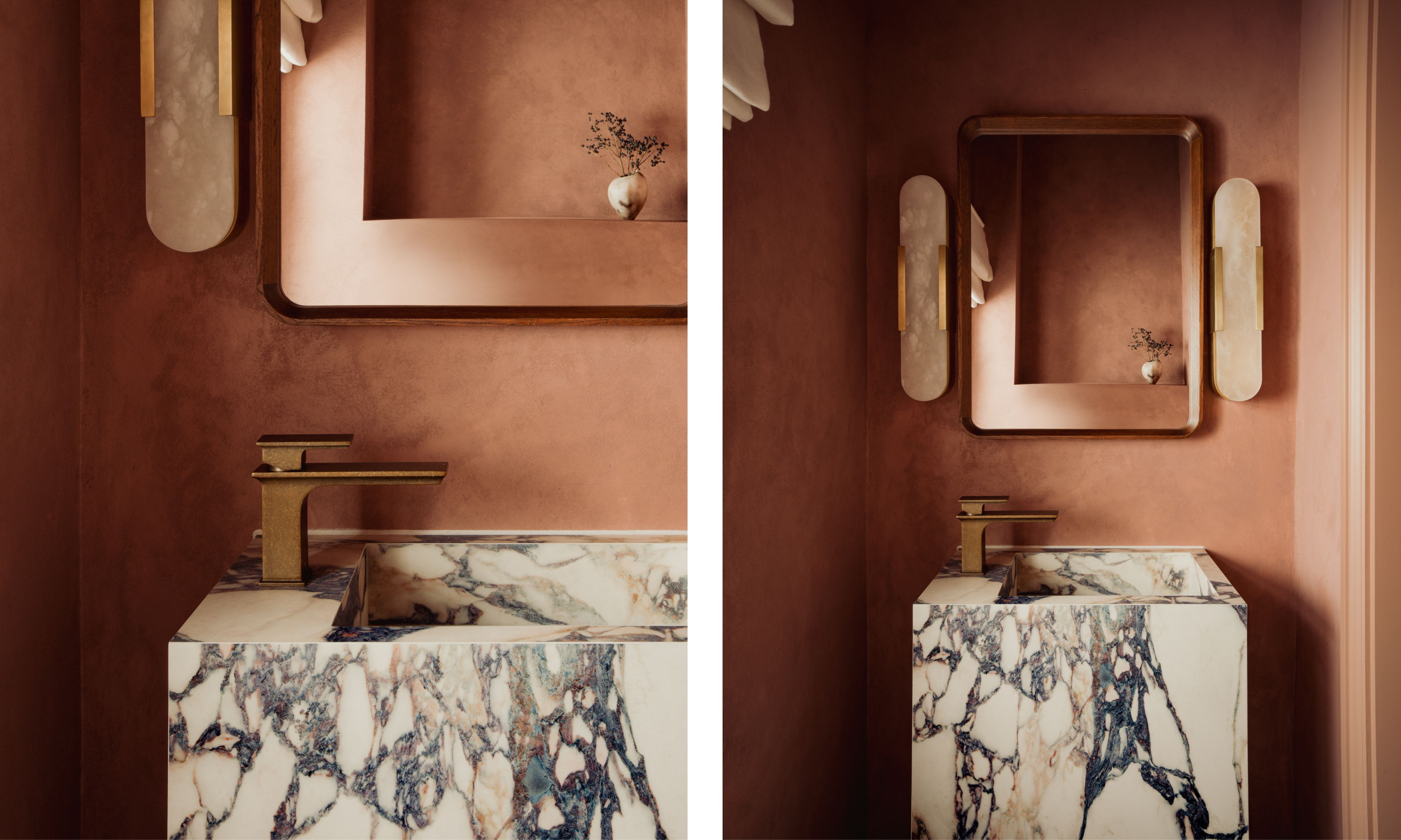 powder room with veined basin and deep red limewash walls