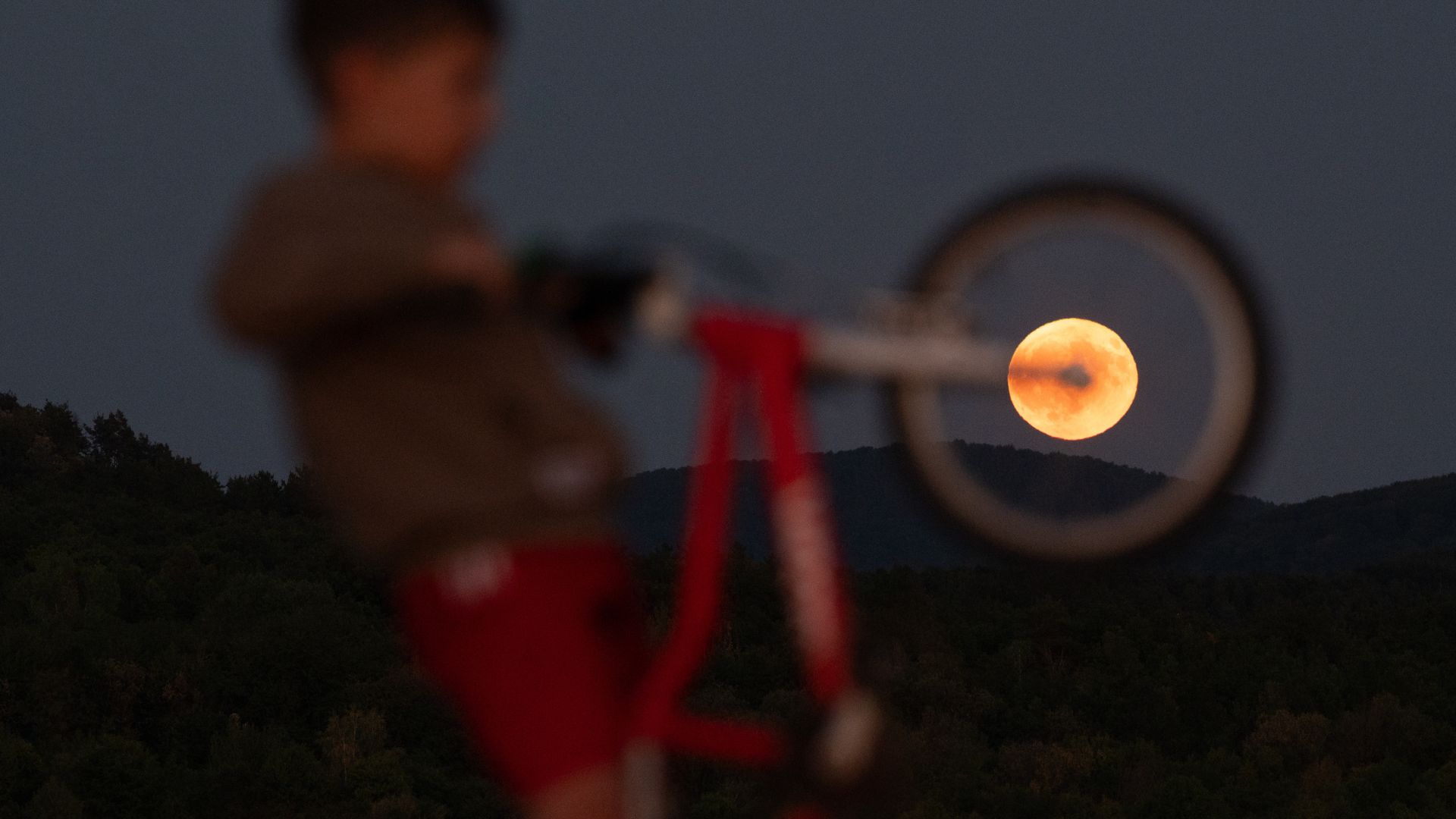 An orange full moon is photographed shining behind the wheel of a child's bicycle at night.