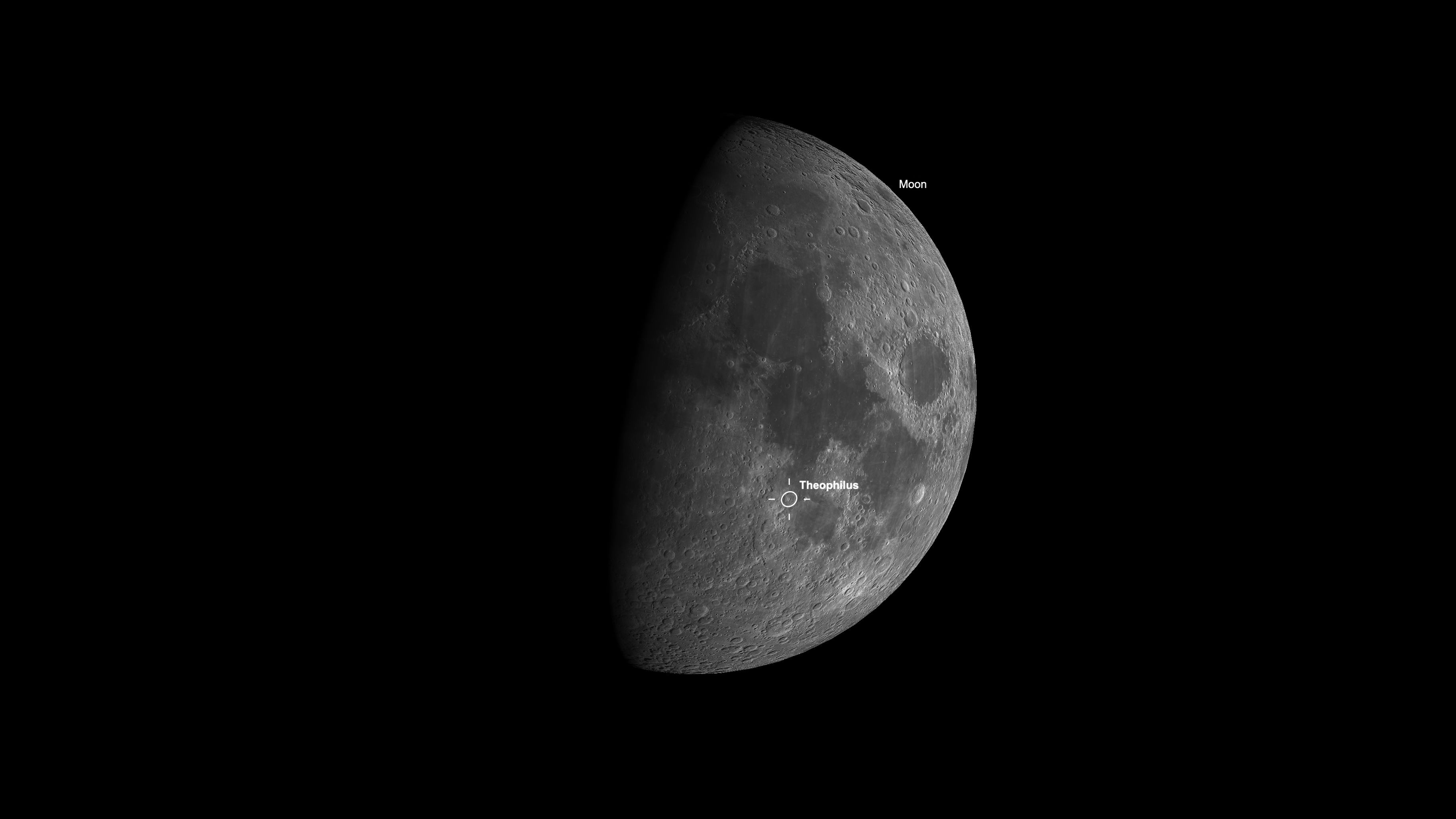 A simulation of the moon with the location of the Theophilus crater indicated on its sunlight side with a white circle