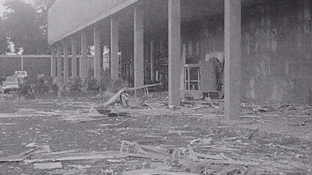 The damage caused by the bomb to the RTE studio building