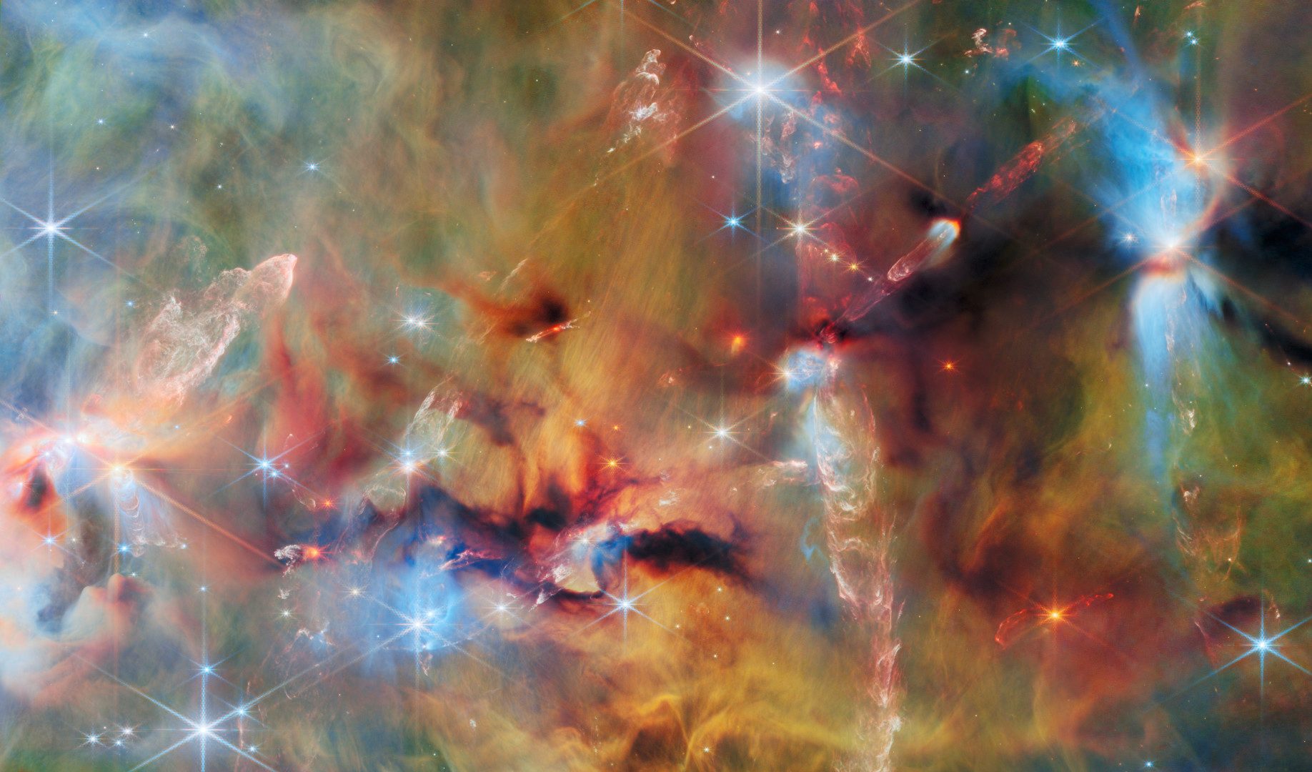 Molecular cloud OMC-2, as seen by the James Webb Space Telescope. Credit: ESA/Webb, NASA; CSA, T. Megeath, M. Zamani (ESA/Webb). Acknowledgement: M. H. Özsaraç