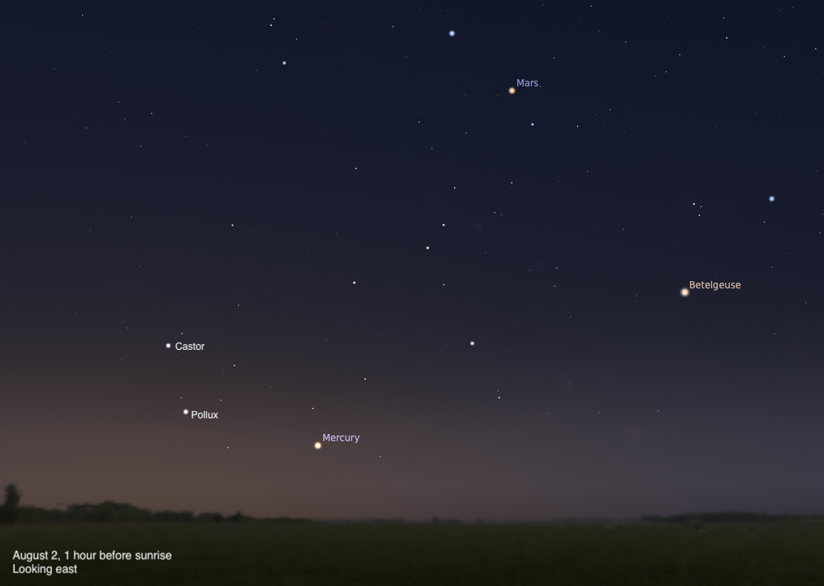 A sky chart showing the eastern sky on August 2, 2026, one hour before sunrise. Mars glows as a warm orange point in the upper center of the image. The twin stars Castor and Pollux are visible in the middle left, Mercury shines brightly just above the horizon in the lower center, and the red supergiant star Betelgeuse is visible to the right. The sky fades from deep blue above to a warm twilight glow near the treeline silhouette.