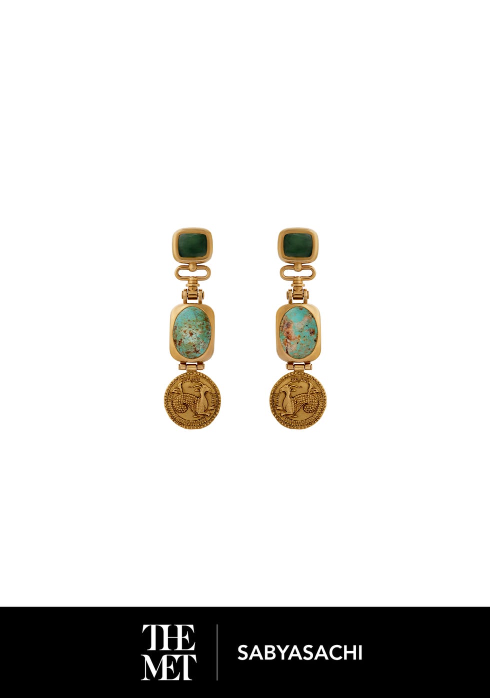 Gold earrings featuring turquoise and green stone accents, with a detailed medallion design.