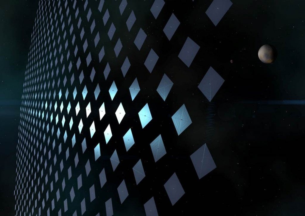 Swarm of laser-sail spacecraft leaving the solar system. Credit: Adrian Mann