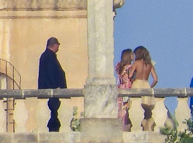 Pictured, guests arrive for welcome drinks, including Francesca's uncle James Packer, accompanied by his fiancée Kylie Lim