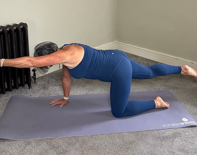 The 'bird pose' starts on all-fours with outstretched opposite arms and legs.
