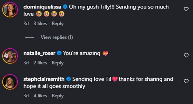 Fans and famous friends flocked to the comments to wish Tilly well