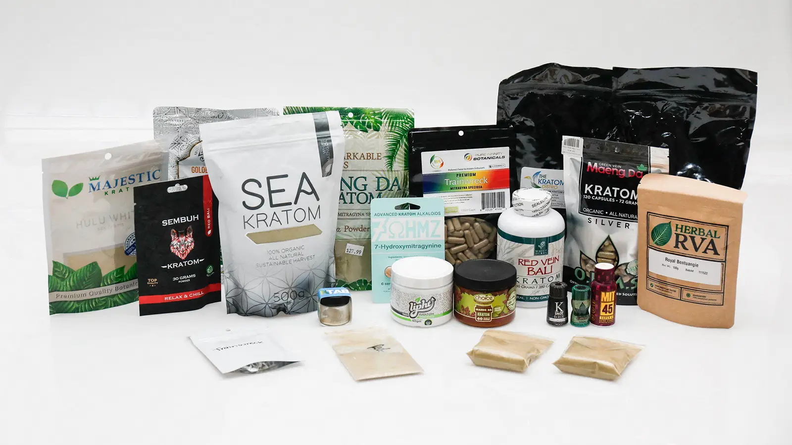 A photo of a variety of kratom products.