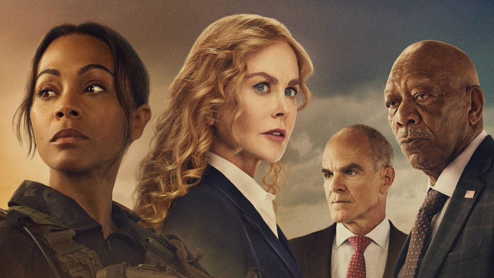 "Lioness" Season 3 key art featuring Zoe Saldaña, Nicole Kidman, Michael Kelly and Morgan Freeman.