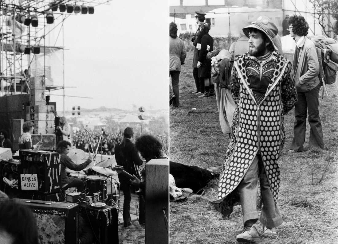 The black-and-white photo on the left shows a band with guitarists and a drummer playing on a stage at an outdoor music festival. The 1972 black-and-white photo on the right shows a man wearing a hat and a long, hippie-style coat as he walks through a field at a music festival in Bickershaw, England.