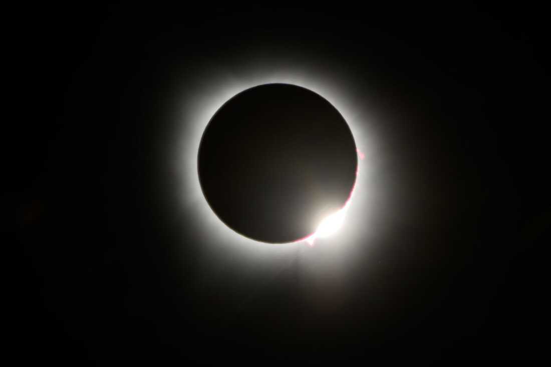 The Moon crosses in front of the Sun during a total solar eclipse at Lake Monroe on April 08, 2024 in Indiana, United States.