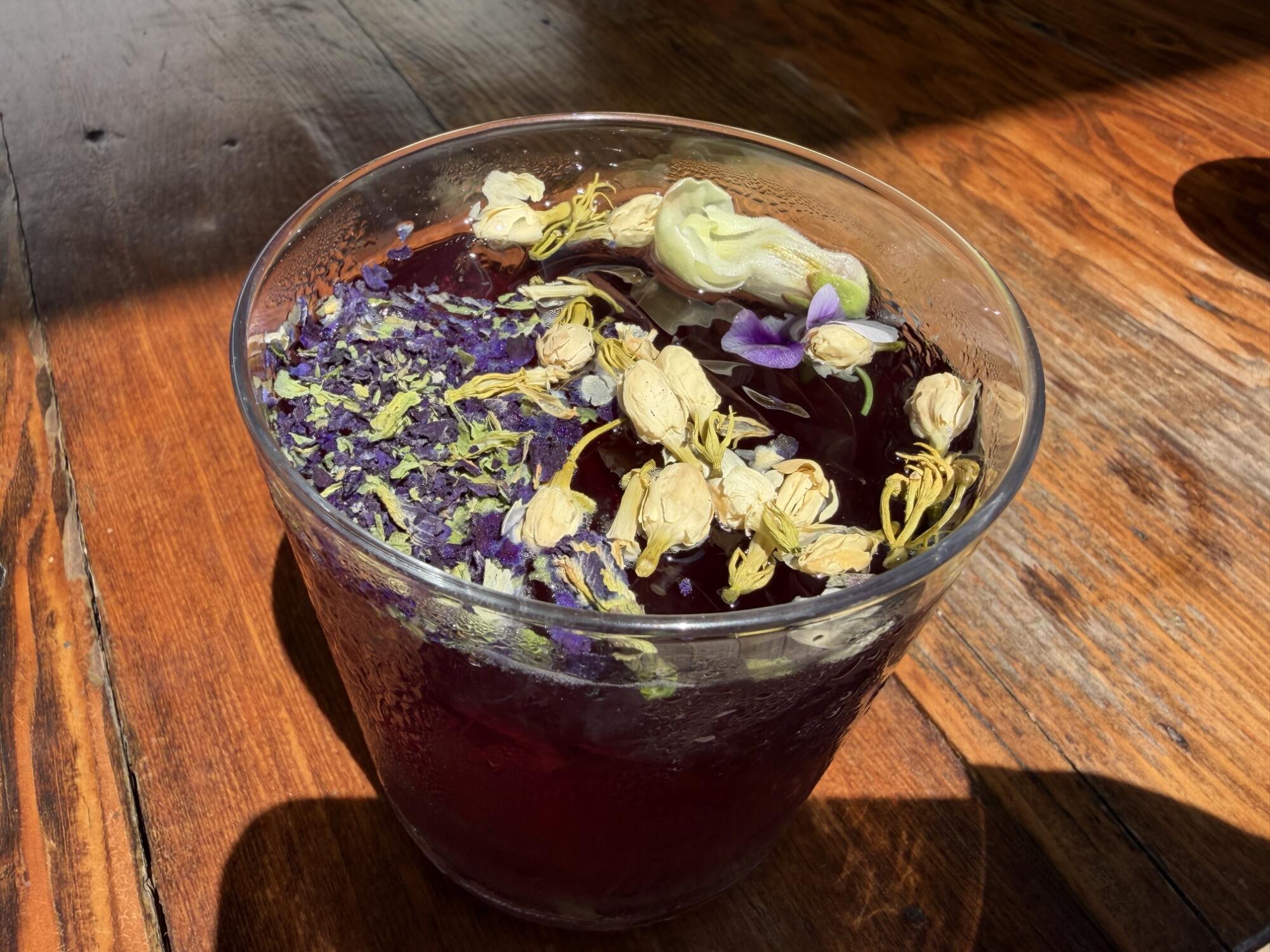 The Tranquility Tea, sweet and floral-tasting, lives up to its name; the floating flowers are calming.