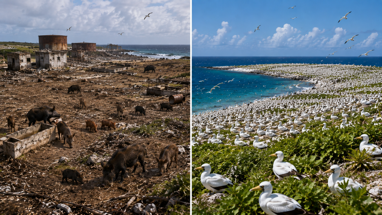 Image AI generated In 1958, 58 feral pigs were removed from Clipperton Island, helping a seabird colony grow from 650 to more than 137,000