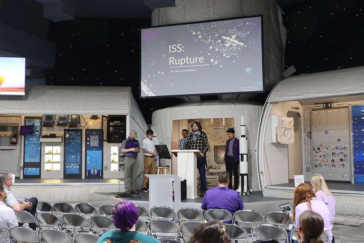 K-State Salina students present "ISS: Rupture," the virtual reality game they developed for the Cosmosphere. (Photo courtesy K-State News and Communications)