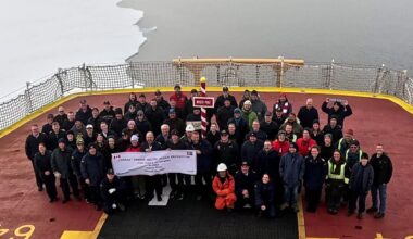 Picture of the CCGS Louis S. St-Laurent on the stern of the icebreaker to mark its arrival at the North Pole