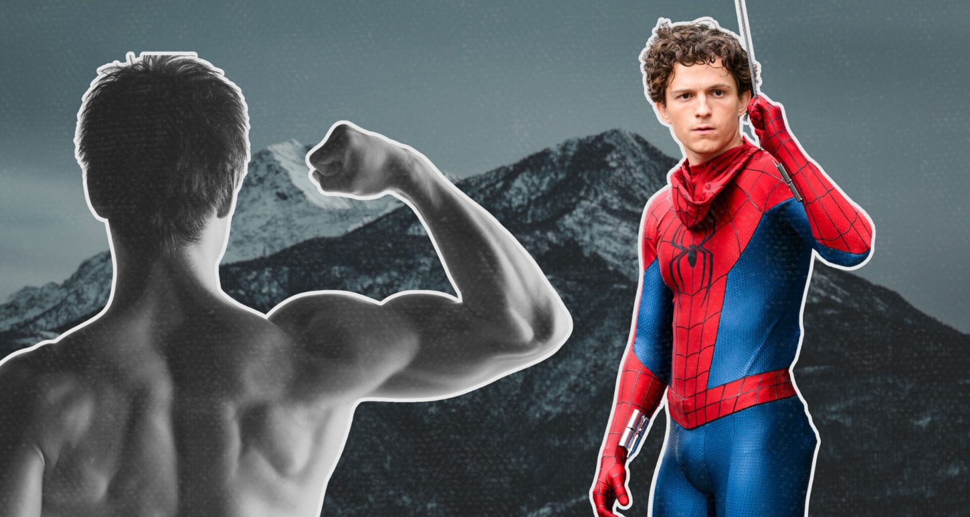 tom holland dressed as spider man next to man with muscles on mountain background to depict the actor's favorite crossfit workout the cindy