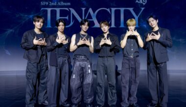 Members of K-pop boy band SF9, from left, Inseong, Hwiyoung, Youngbin, Chani, Dawon and Jaeyoon pose for a media showcase in Cube Convention Center, Mapo District, Seoul, Wednesday. Courtesy of FNC Entertainment